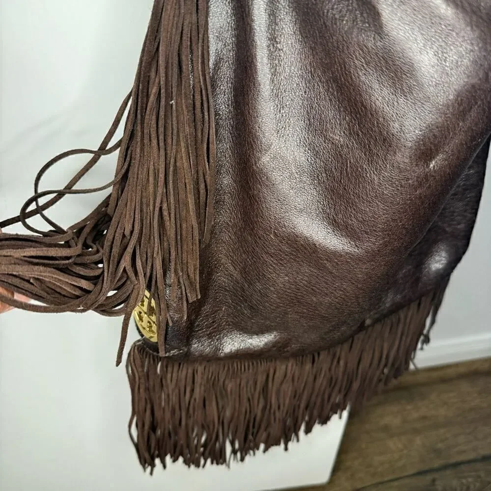 Tory Burch Dark Brown Fringed Leather Suede Hobo Bag